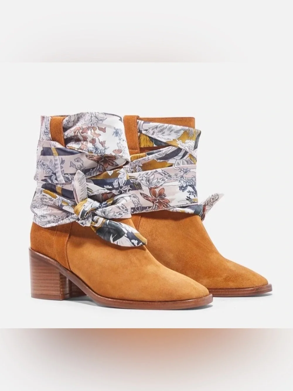Robert Clergerie Tan Suede Ankle Boots with Printed Scarf Cuff